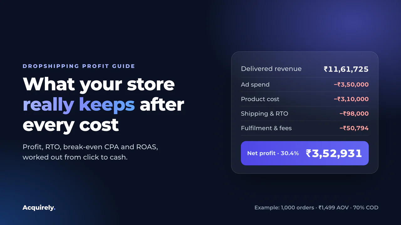 Dropshipping profit breakdown: ₹11,61,725 delivered revenue minus ads, product, shipping, RTO and fees leaves ₹3,52,931 net profit